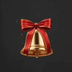 Luxury Golden Christmas Bell with Elegant Red Ribbon Bow and Sparkling Glitters on Dark Background for Holiday Celebration