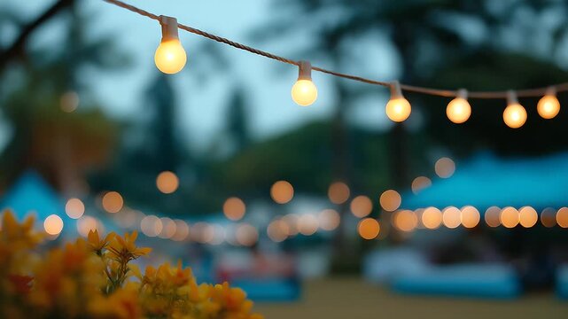 Outdoor fest with lantern strings and shadowy figures, festive gatherings under garlands, joyful moments in evening vibes, celebration vibes with blurred charm, event highlights in