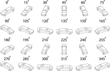 Isometric limousine rotation set in outline style. A set of 24 outline limousines drawn in isometric perspective, rotated in 15-degree increments to create a full 360&deg; animation cycle. Perfect for use