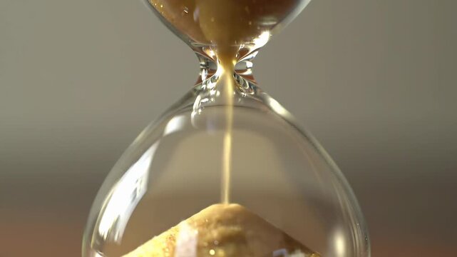 Macro shot of golden sand falling through a classic hourglass, a concept for passing time and deadlines.