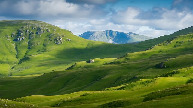 Lush green rolling hills illuminated by sunlight under a cloudy sky featuring distant mountain peaks in scotland