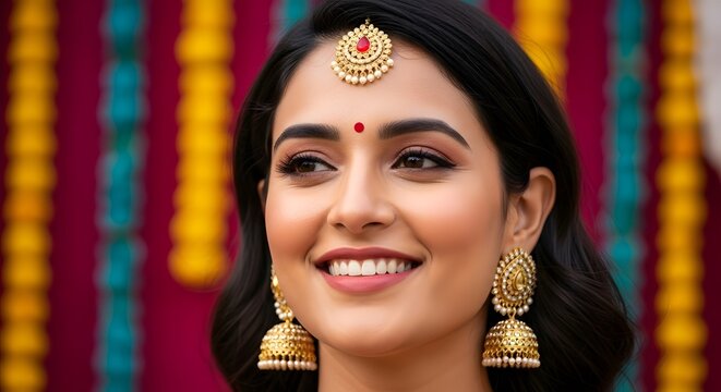 Portrait of Indian woman smiling with bindi and gold earrings, vibrant background, cultural beauty - Powered by Adobe