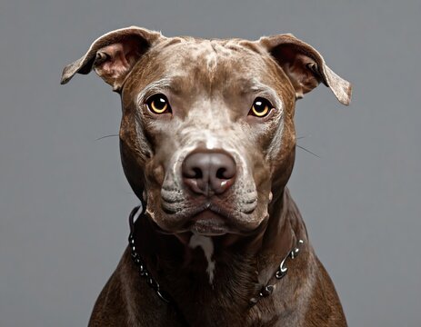 Beautiful brown American Pit Bull Terrier dog with expressive eyes posed against a gray background during a studio session - Powered by Adobe