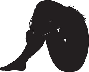 Silhouette of a Woman Curled Up in a Ball: Depression, Anxiety, Sadness, Mental Health Illustration, Vector Graphic, Isolated on White