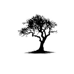 Black Silhouette of Old Twisted Tree - Minimalist Nature Art & Symbolic Illustration