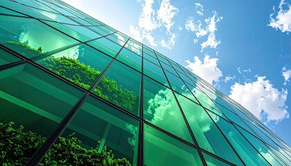 Modern Glass Building Facade Reflecting Greenery and Blue Sky with Clouds