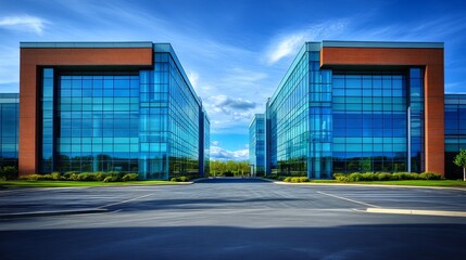 Obraz premium Modern corporate buildings stand symmetrically under a bright blue sky with wispy clouds and ample parking.