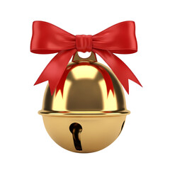 Golden sleigh bell with red ribbon bow, festive holiday decoration