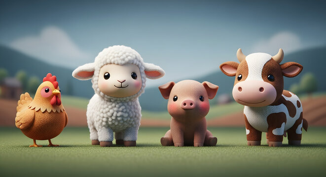 Group of Cute 3D Toy Farm Animals: Chicken, Lamb, Piglet, and Calf on Grass