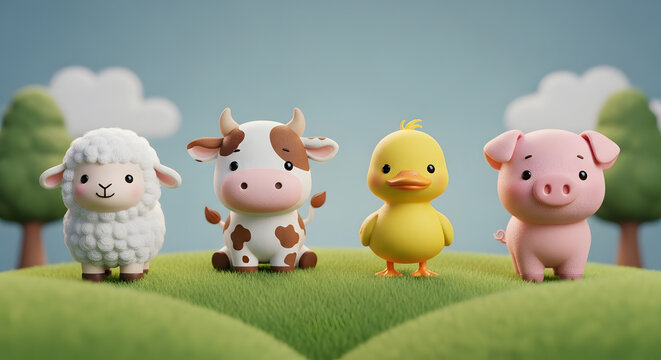 Group of Cartoon Farm Animals on Hill