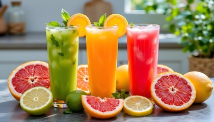 Colorful Summer Fruit Juices Displayed on a Kitchen Counter Surrounded by Fresh Citrus Fruits