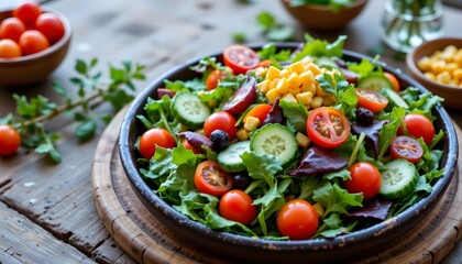 Colorful Fresh Salad with Cherry Tomatoes and Cucumbers Served in Wooden Bowl on Rustic Table