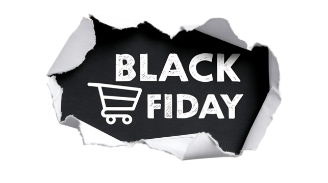 Black friday advertisement with torn paper isolated on transparent background.
