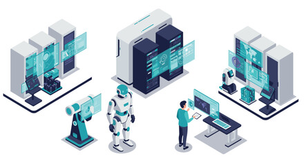 Futuristic technology workspace with ai, robotics, and data analysis in isometric design