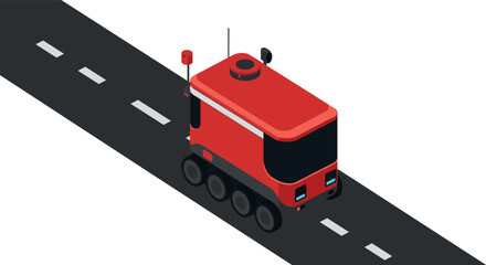 Fototapeta premium Futuristic red autonomous delivery robot on road in isometric design