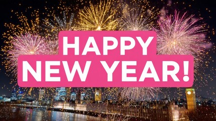 Happy New Year digital art poster with gold and silver text on pink and gold background, fireworks, clock tower, confetti, dancing people with ribbons, and vibrant city skyline at night.
