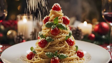Decorative holiday spaghetti dish adorned with vibrant tomato slices and fragrant basil leaves for special occasions