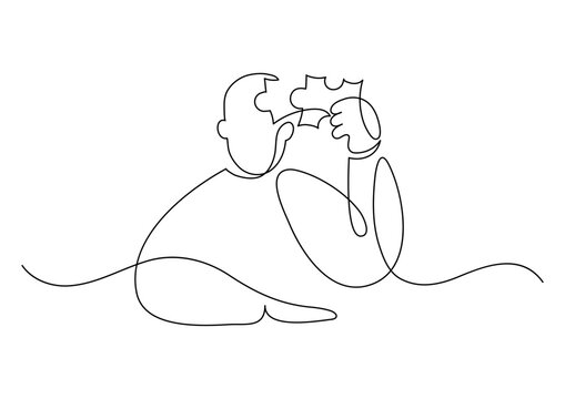 Philosophy, psyhology concept. Thinking man puts missing piece of the puzzle in the head.