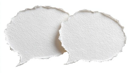 Two connected speech bubbles made from white ripped paper, slightly overlapping, with torn edges and soft shadows, isolated on a clean white background, minimal and modern craft-paper style.