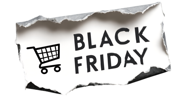 Black friday advertisement with shopping cart isolated on transparent background.