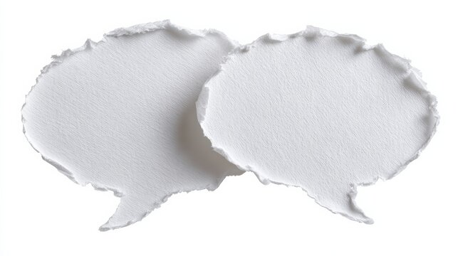 Two connected speech bubbles made from white ripped paper, slightly overlapping, with torn edges and soft shadows, isolated on a clean white background, minimal and modern craft-paper style.