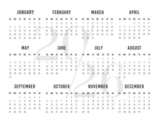 Minimalist English 2026 year calendar template single horizontal page with 12 month week start on Sunday