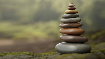 Perfectly balanced stack of smooth stones on a mossy surface symbolising harmony and tranquility against a soft background.