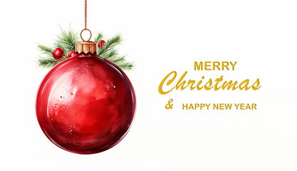 Ball Christmas Watercolor. Christmas decor, Merry Christmas and Happy Year. Text on the card