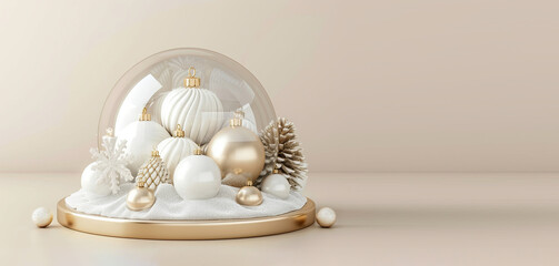 Composition of New Year's balls on a light background. balls on the podium. beautiful christmas card. copy space