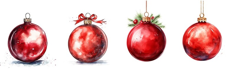 watercolor drawing. A set of isolated red balls. New Year's drawing