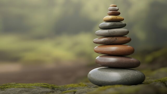 Perfectly balanced stack of smooth stones on a mossy surface symbolising harmony and tranquility against a soft background.