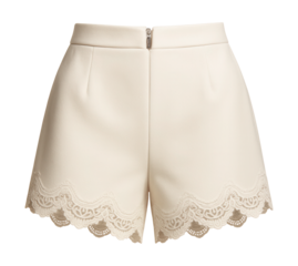 Lace-trimmed shorts featuring a scalloped hem and back zipper.