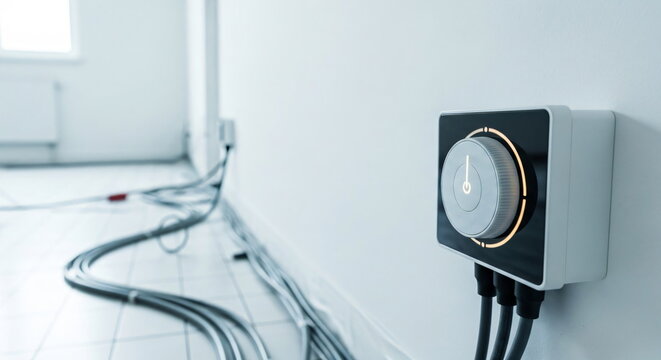 Modern electrical control panel with glowing power button on a white wall in an empty room, energy regulation system for smart home footage.	
