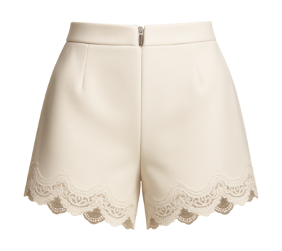 Lace-trimmed shorts featuring a scalloped hem and back zipper.