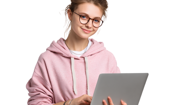 Woman and girl working on laptops in office setting