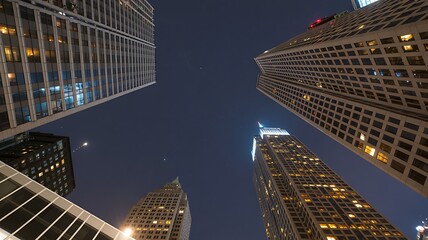 Looking Up At Tall City Buildings At Night Under A Starry Sky