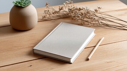 Wooden Desk Book Cover Mockup with Clean Stationery