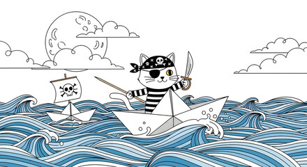 Fototapeta premium Whiskers on the High Seas A Playful Pirate Cat Sailing the Waves