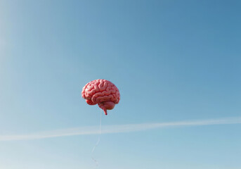 Thought Process Visualization: Pink Brain Balloon Escaping into the Atmosphere.
