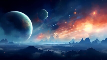 Digital art scifi wallpaper background. A digital artwork depicting a cosmic landscape with planets and celestial bodies. The style is a blend of realism and fantasy. - Powered by Adobe