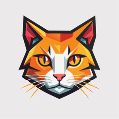 Geometric cat face illustration with orange and white colors.