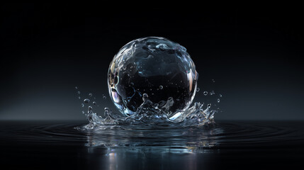 Hyper-Realistic Water Sphere Splash on Dark Background with Dramatic Lighting