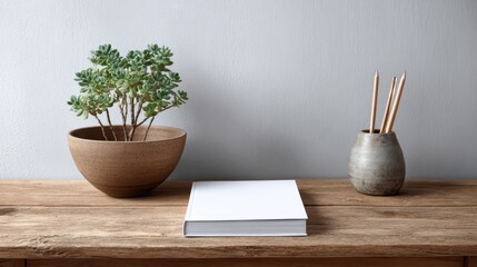 Book Mockup Beside Minimal Tools on Wooden Desk