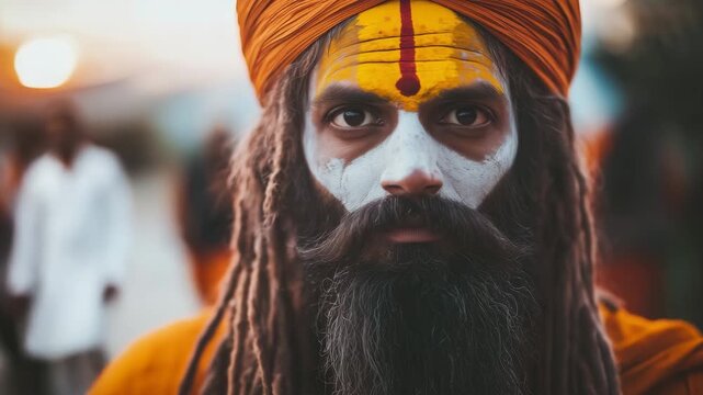 Closeup sadhu with dreadlocks, beard, orange turban and painted face