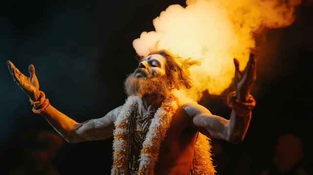 Indian sadhu performing a religious ritual with incense smoke and fire
