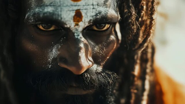 Indian sadhu showing intense gaze and dreadlocks hairstyle