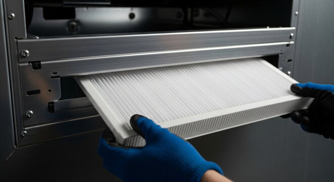 Man in blue glove insert clean new air filter in ventilation system. Concept of maintenance, clean air, and climate control in an industrial or medical setting.