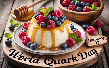 Delicious quark dessert topped with fresh berries and honey for world quark day