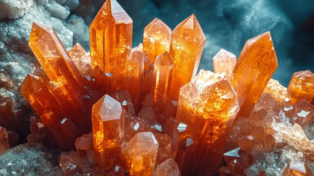 Orange crystals are clustered together showing their pointed tips with a blue background.