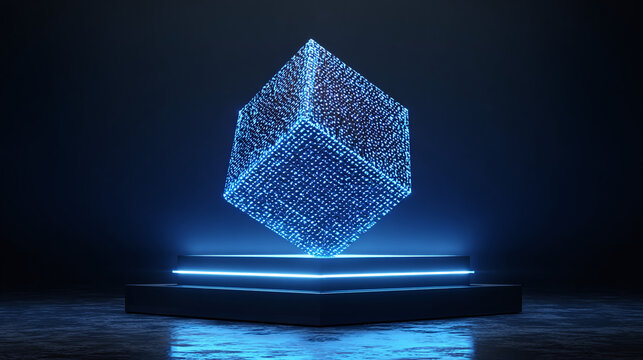 A futuristic neon cube floating above a pedestal. The cube glows with blue light in a dark room